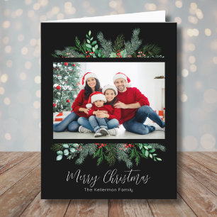 Merry Christmas Greenery Modern Photo Holiday Card