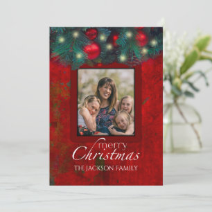 Merry Christmas Greenery Ornaments On Red Photo Holiday Card