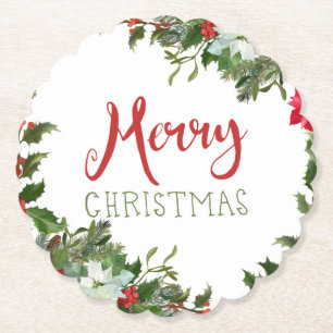 Merry Christmas greenery Paper Coaster