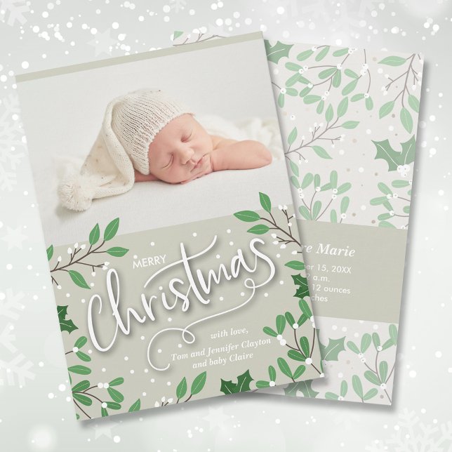 Merry Christmas Greenery Photo Birth Announcements (Creator Uploaded)