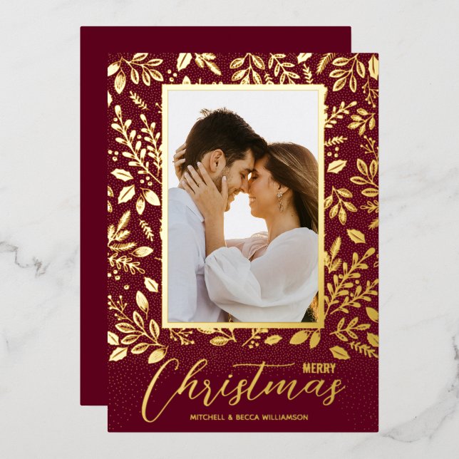 Merry Christmas Greenery Photo  Foil Holiday Card (Front/Back)