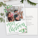 Merry Christmas greenery photo Holiday Card<br><div class="desc">Modern Merry Christmas script winter holidays family photo greeting card with trendy watercolor greenery branches and holy berries.  Personalize it with your photo and your text on both sides!</div>
