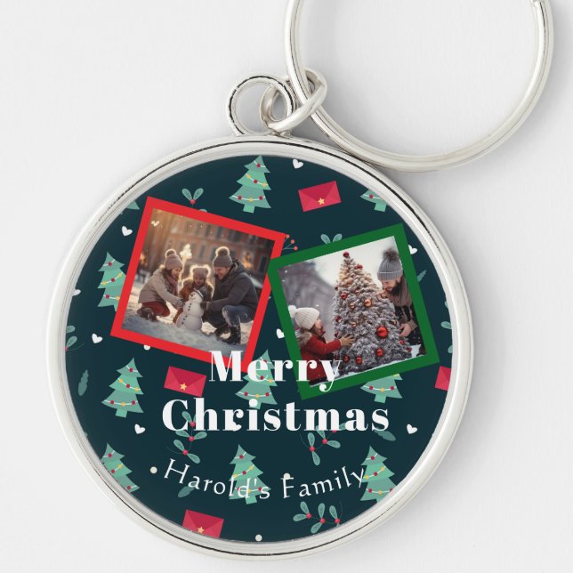 Merry Christmas Greenery Photo Key Ring (Front)