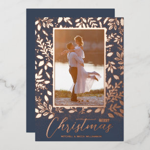 Merry Christmas Greenery Photo Rose Gold Foil Holiday Card