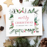Merry Christmas Greenery Red Green Holiday Card<br><div class="desc">Elevate your holiday greetings with our Modern Christmas Minimalist Script Card. This card beautifully blends contemporary design with the warmth of a heartfelt message. The minimalist script typography adds a touch of sophistication to your holiday wishes. Its clean, uncluttered design provides a canvas for your personal sentiments, allowing them to...</div>