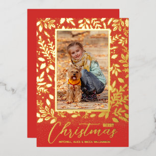 Merry Christmas Greenery Red Photo Gold Foil Holiday Card