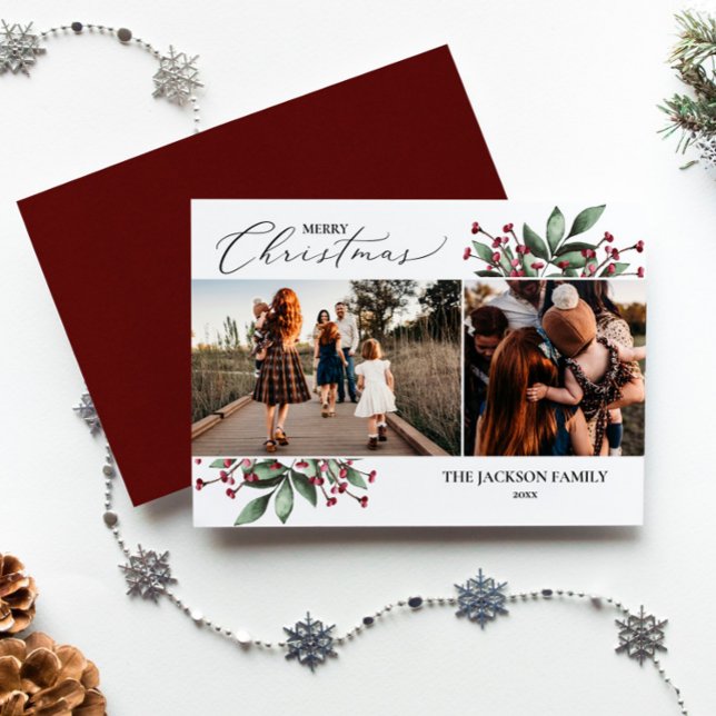 Merry Christmas Greenery Red Photo Holiday Card (Creator Uploaded)