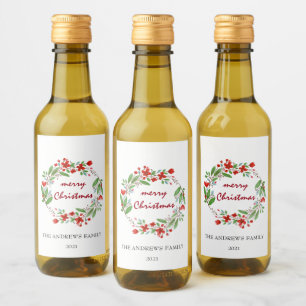 Merry Christmas Greenery Red Wreath Mini Wine Label