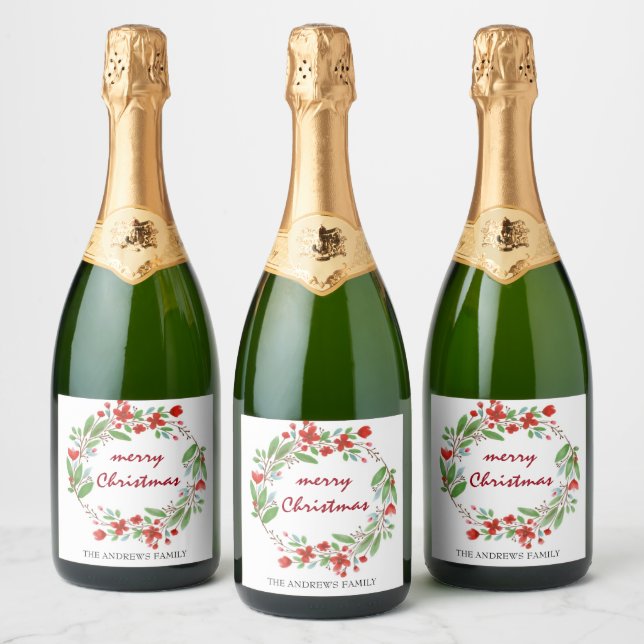 Merry Christmas Greenery Red Wreath Sparkling Wine Label (Bottles)