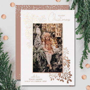 Merry Christmas Greenery Rose Gold Foil Holiday Card