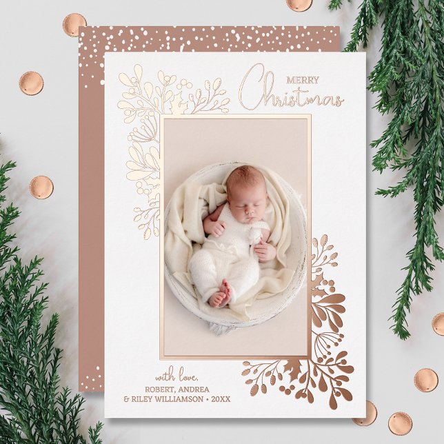 Merry Christmas Greenery Rose Gold Foil Holiday Card (Creator Uploaded)
