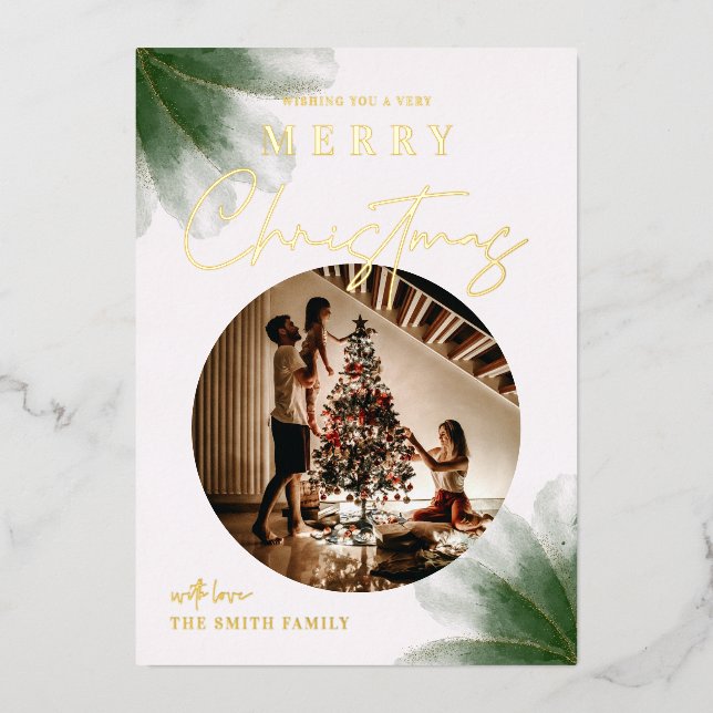 Merry Christmas Greenery Script Photo Foil Card (Front)