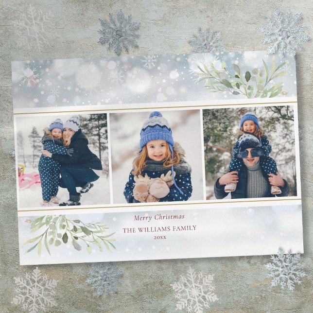 Merry Christmas Greenery Snowflakes Photo Collage Holiday Card (Merry Christmas Greenery Snowflakes Photo Collage Holiday Card)