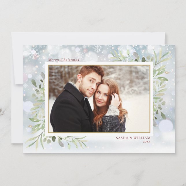 Merry Christmas Greenery Snowflakes Photo Holiday Card (Front)