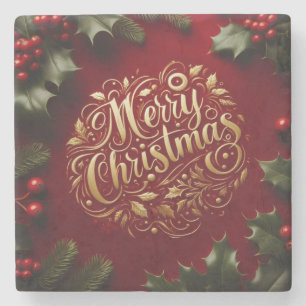 Merry Christmas greenery Stone Coaster