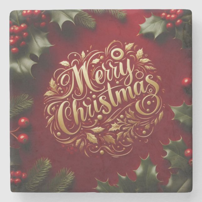 Merry Christmas greenery  Stone Coaster (Front)