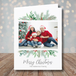 Merry Christmas Greenery Traditional Photo Holiday Card