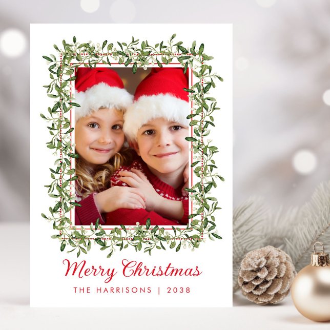 Merry Christmas Greenery Watercolor Photo Holiday Card (Share the love and warmth of the holiday season with this personalized photo Christmas card)