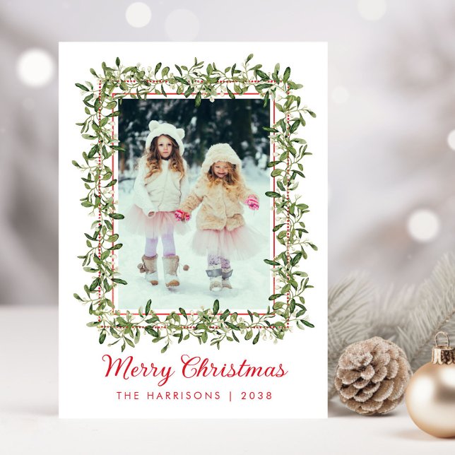 Merry Christmas Greenery Watercolor Photo Holiday Card (Creator Uploaded)