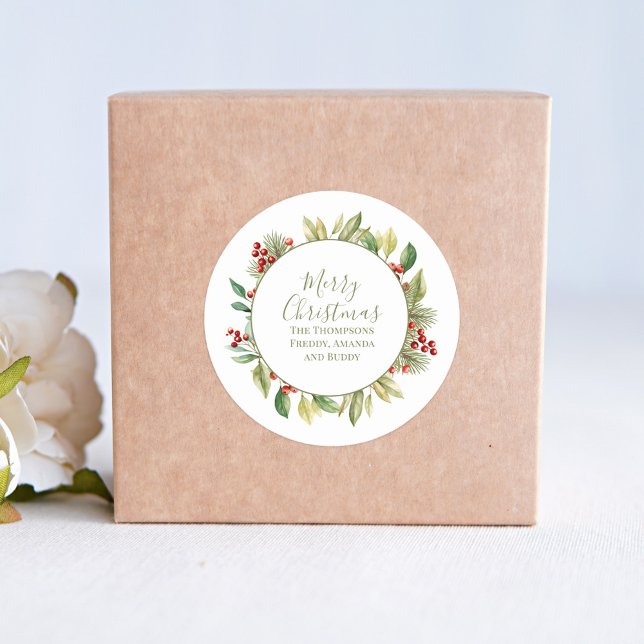 Merry Christmas Greenery Wreath Custom Classic Round Sticker (Creator Uploaded)