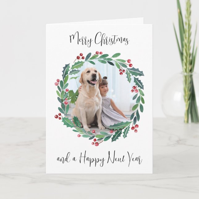 Merry Christmas Greenery Wreath Custom Photo Holiday Card (Front)
