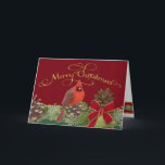 Merry Christmas Greeting Card Cardinal Pine Cones<br><div class="desc">Exquisite hand painted artwork has a classic, red Cardinal on a pine bough with pine cones, red velvet ribbon with gold edging and a script typography hand lettered calligraphy font with swirls and flourishes. Simple. Elegant. Timeless & Classic. Your family message can go inside or you can use our message...</div>