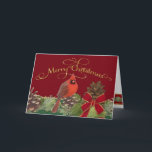Merry Christmas Greeting Card Cardinal Pine Cones<br><div class="desc">Exquisite hand painted artwork has a classic, red Cardinal on a pine bough with pine cones, red velvet ribbon with gold edging and a script typography hand lettered calligraphy font with swirls and flourishes. Simple. Elegant. Timeless & Classic. Your family message can go inside or you can use our message...</div>