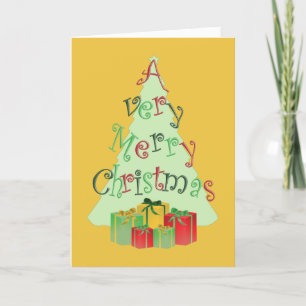 Merry Christmas Greeting Card with Tree and Gifts