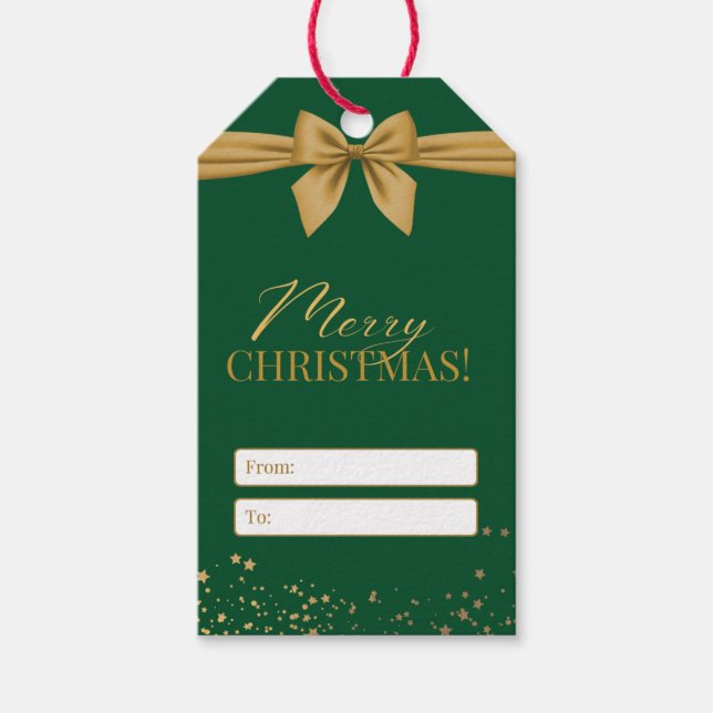 Merry Christmas greeting green gold red gift tag (Front)