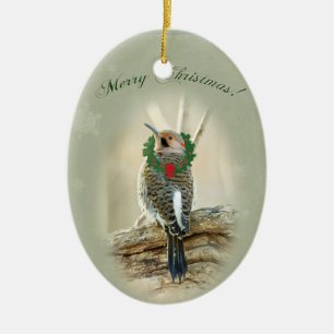 Merry Christmas Greeting - Northern Flicker Ceramic Tree Decoration