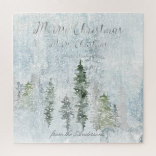 Merry Christmas Greeting Winter Storm Pines Jigsaw Puzzle