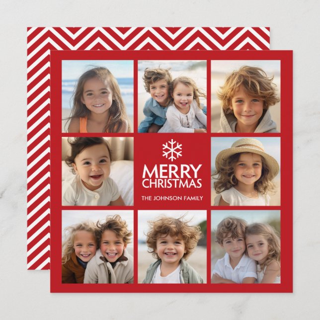 Merry Christmas Greeting with 8 photo collage RED Holiday Card (Front/Back)