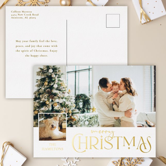 Merry Christmas Greeting with Photo Insert Gold Foil Holiday Postcard (Creator Uploaded)