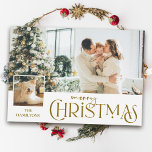 Merry Christmas Greeting with Photo Insert Gold Holiday Card<br><div class="desc">Fun Merry Christmas gold text graphic in a custom font with editable text field,  small square photo insert template and large background photo template. All elements are customisable.</div>