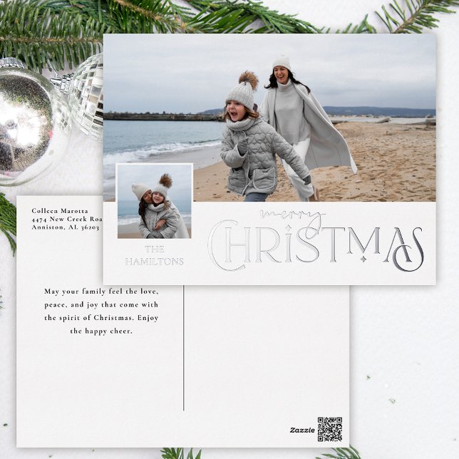 Merry Christmas Greeting with Photo Insert Silver Foil Holiday Postcard (Creator Uploaded)