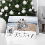 Merry Christmas Greeting with Photo Insert Silver Holiday Card<br><div class="desc">Fun Merry Christmas silver text graphic in a custom font with editable text field,  small square photo insert template and large background photo template. All graphic elements are customisable.</div>