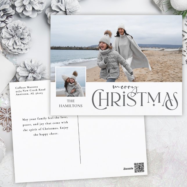 Merry Christmas Greeting with Photo Insert Silver Holiday Postcard (Creator Uploaded)