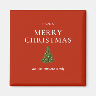 Merry Christmas greeting with tree on red custom Magnet