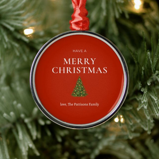 Merry Christmas greeting with tree on red custom Metal Ornament (Tree)