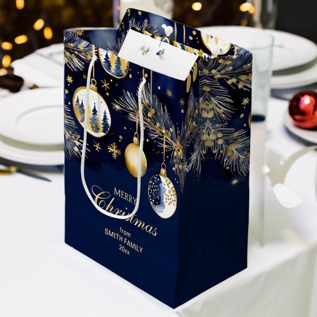 Merry Christmas greetings gold navy blue baubles Medium Gift Bag (Merry Christmas greetings gold navy blue baubles Medium Gift Bag)