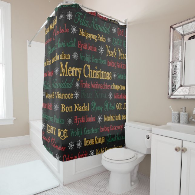Merry Christmas Greetings in Different Language |  Shower Curtain (In Situ)