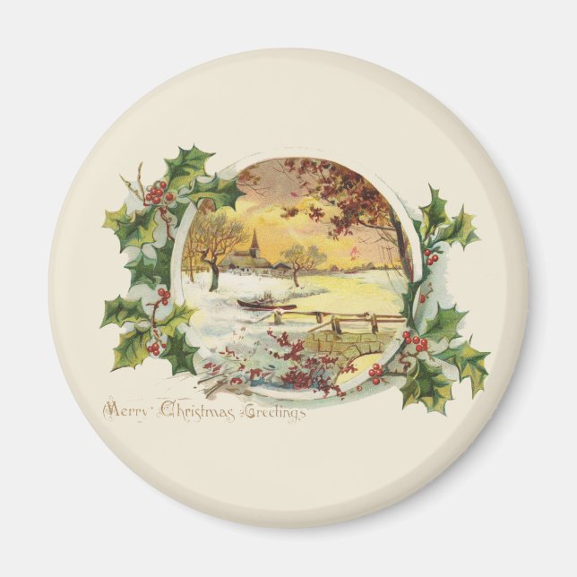 Merry Christmas Greetings Vintage Village Scene Magnet (Front)