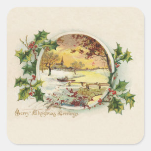 Merry Christmas Greetings Vintage Village Scene Square Sticker