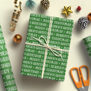 Merry Christmas Greetings White and Green Pattern Wrapping Paper