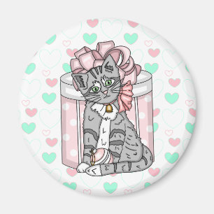 Merry Christmas Grey Kitten Pink Bow Magnet
