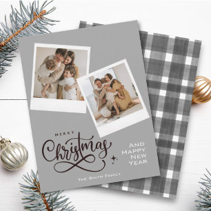 Merry Christmas Grey Plaid Holiday 2 Photos Card