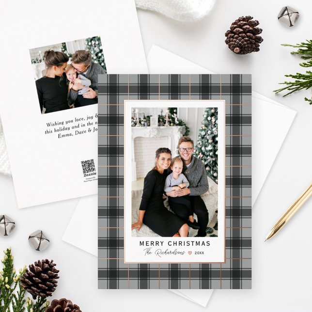 Merry Christmas Grey Rose Gold Tartan Plaid Photo Foil Holiday Card (Creator Uploaded)