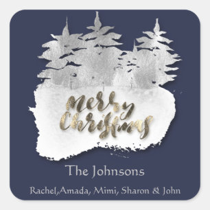 Merry Christmas Grey Silver Navy Holidays Name 3D Square Sticker