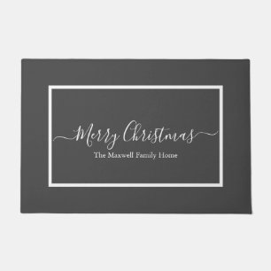 Merry Christmas grey white family name  Doormat