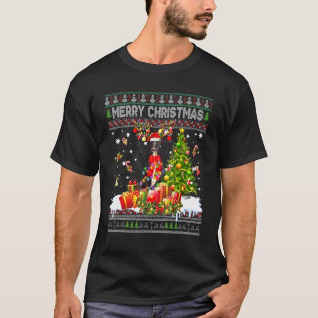 Merry Christmas Greyhound Santa Xmas Tree Lights U T-Shirt (Front)
